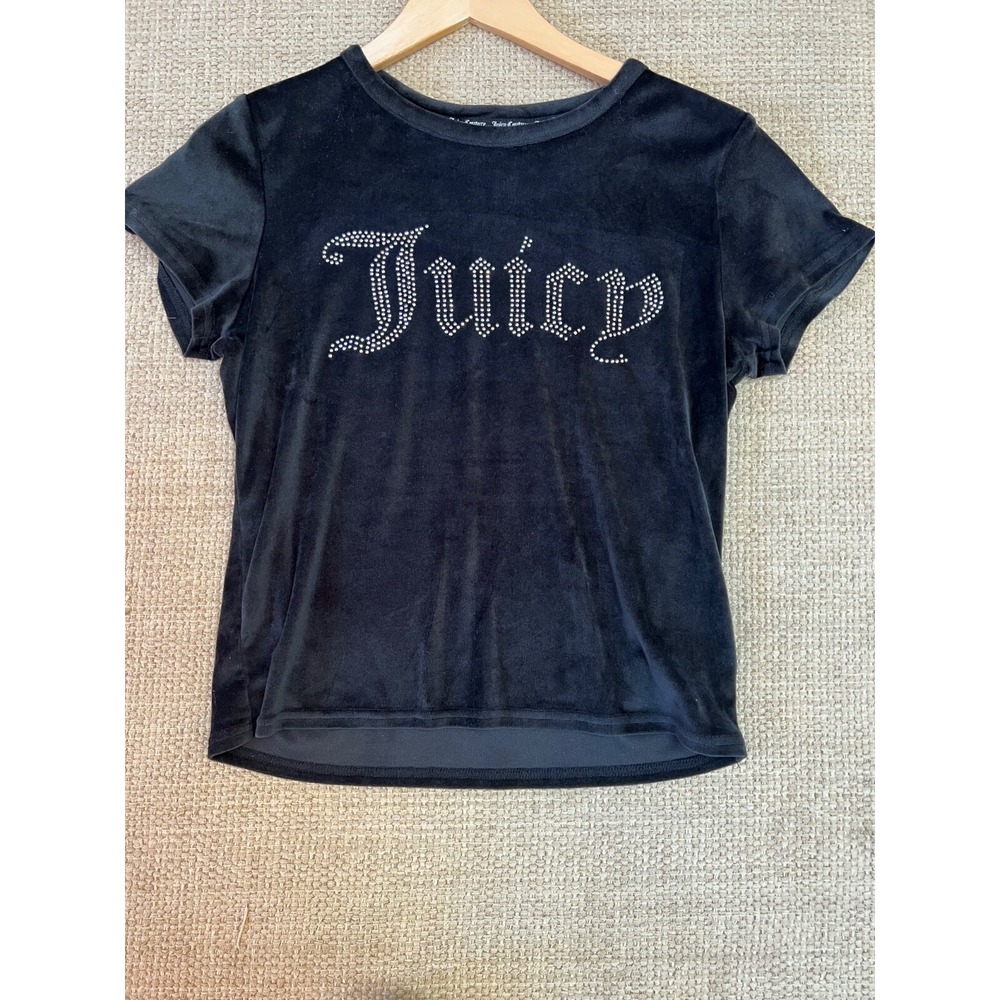 Juicy Couture Baby Tee Shirt Womens Size M Black Studded Spell Out Velour Short